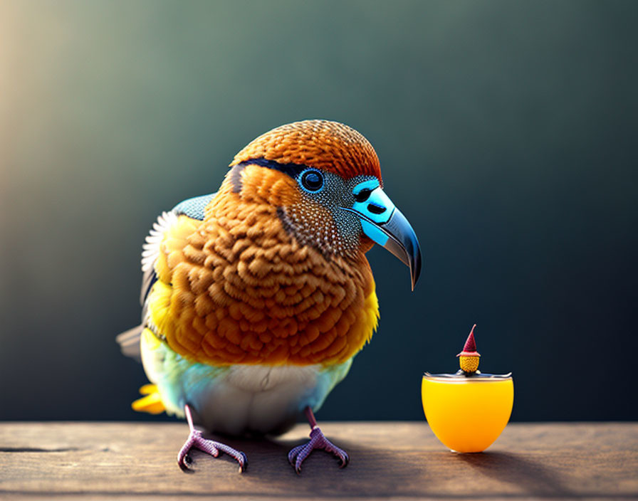 Colorful Bird with Blue Beak and Yellow Cap on Wooden Surface