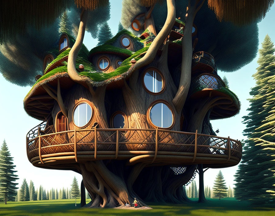 Whimsical treehouse artwork in lush forest setting