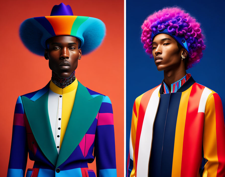 Colorful Fashion Models in Striking Outfits and Hats on Blue and Orange Background