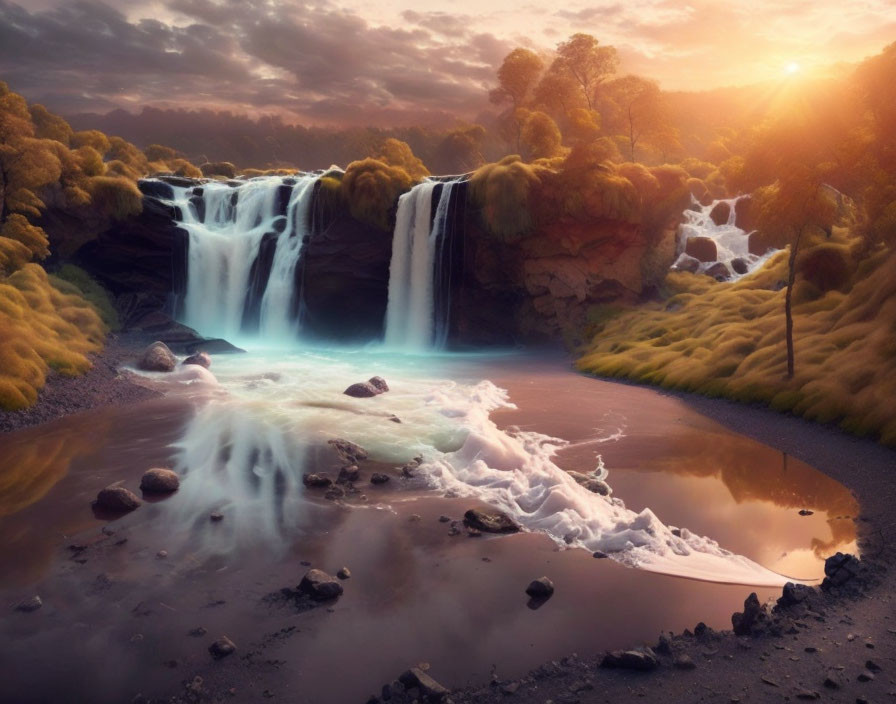 Tranquil sunset scene: dual waterfall, serene river, lush foliage