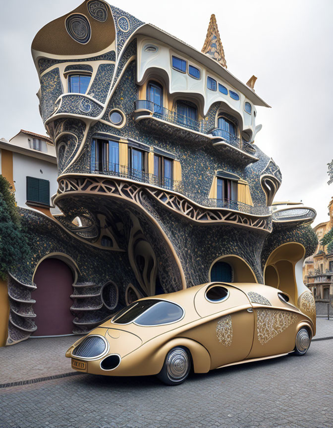 Ornate curved architecture with detailed patterns and unique car design