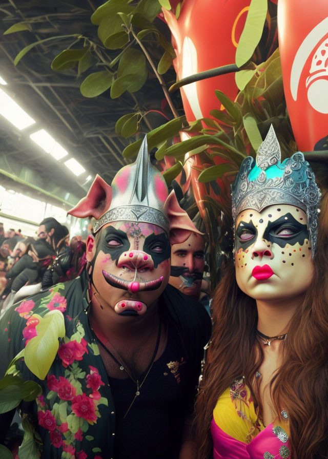 Elaborate Masked Costumes at Festive Gathering