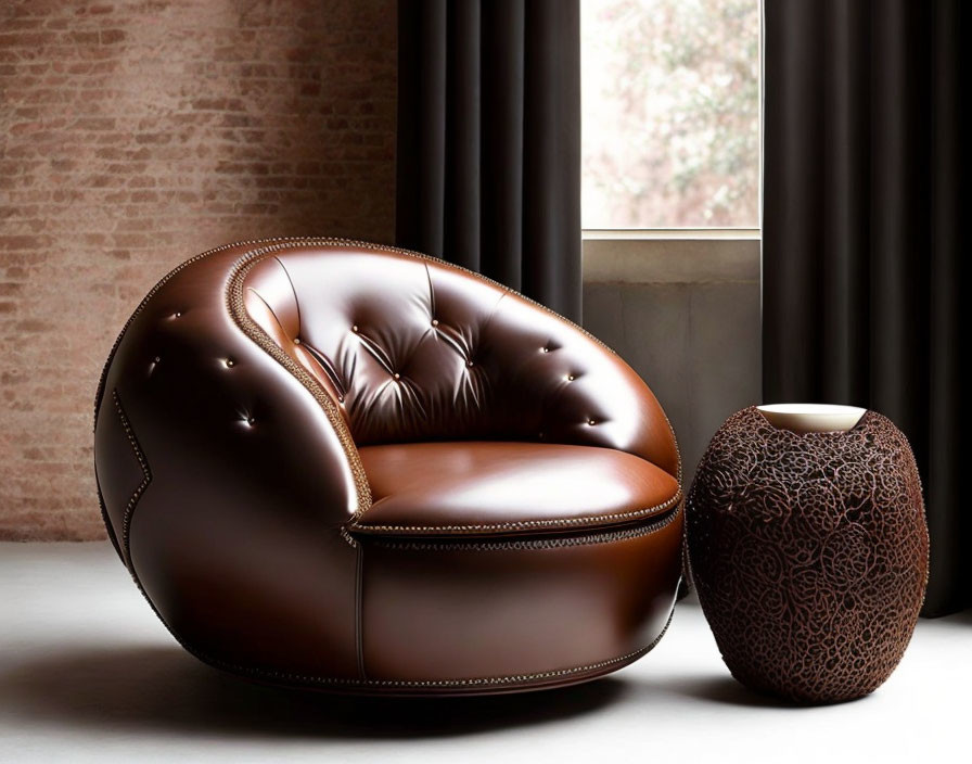 Luxurious Brown Leather Tufted Armchair with Textured Vase and Window Backdrop