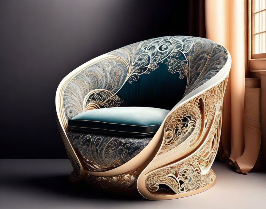 Ornate armchair with velvet cushion and intricate designs on dark background and golden curtains