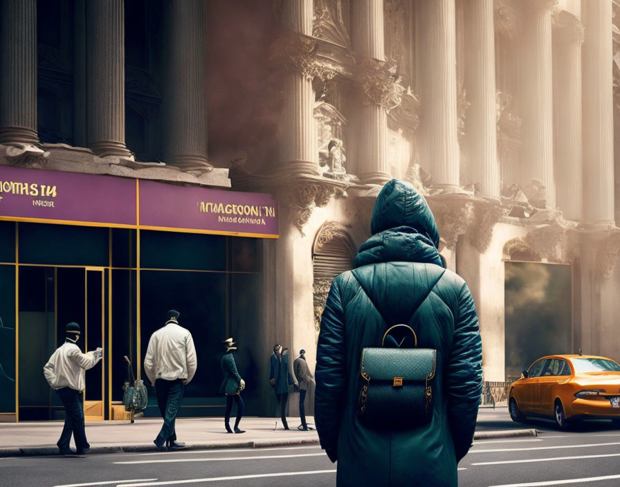 Teal jacket person observing city street with classical architecture