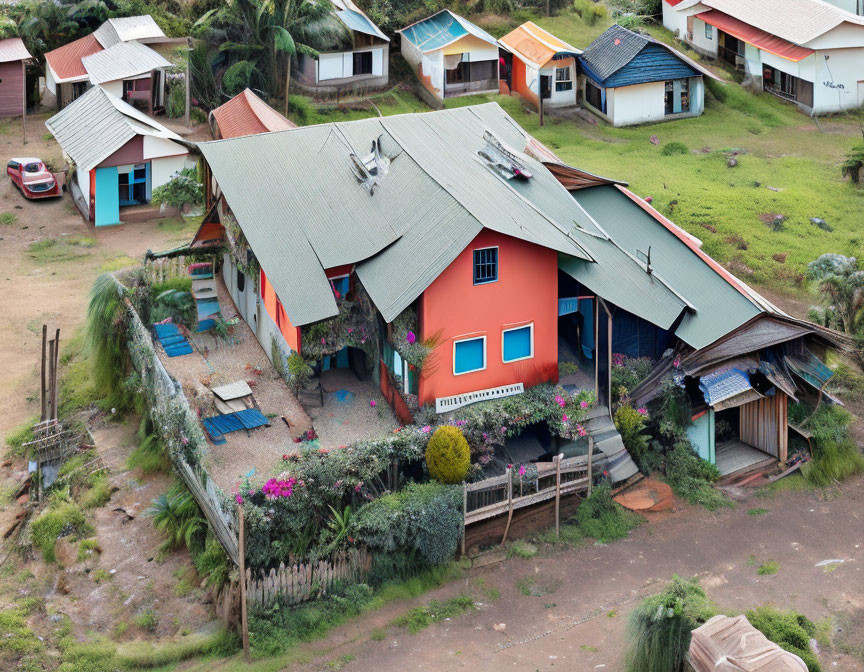 Colorful Rural Neighborhood with Clustered Houses and Green Lawns