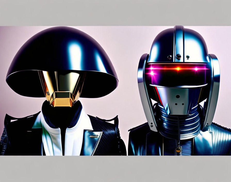 Futuristic gold and silver helmets with reflective visors