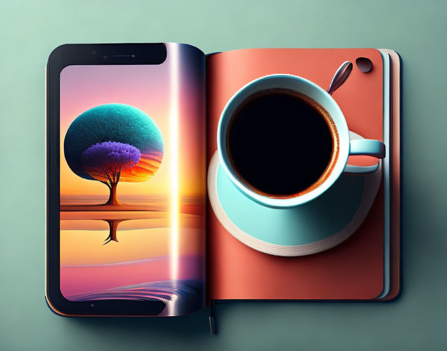 Smartphone integrated with open book displaying surreal sunset landscape, beside coffee cup and spoon