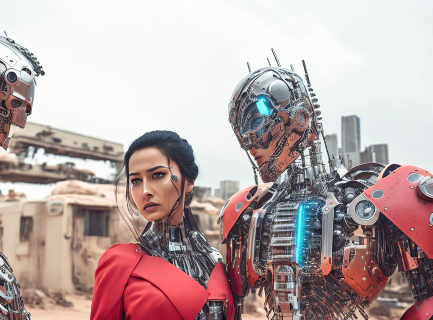 Woman in red blazer with two robots in futuristic desert city setting