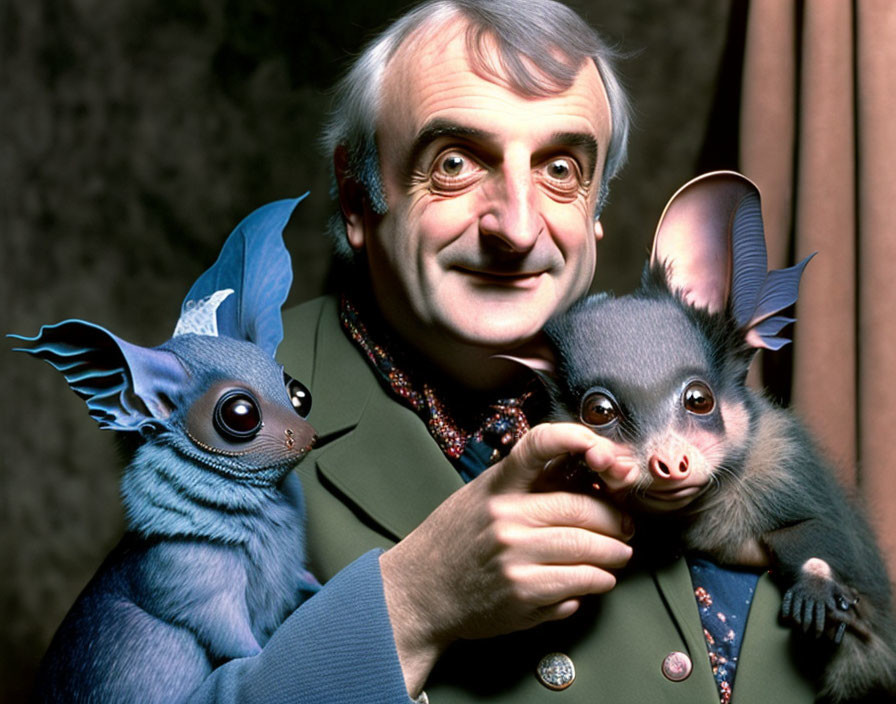 Elderly man holding two hybrid animal-like creatures with large ears