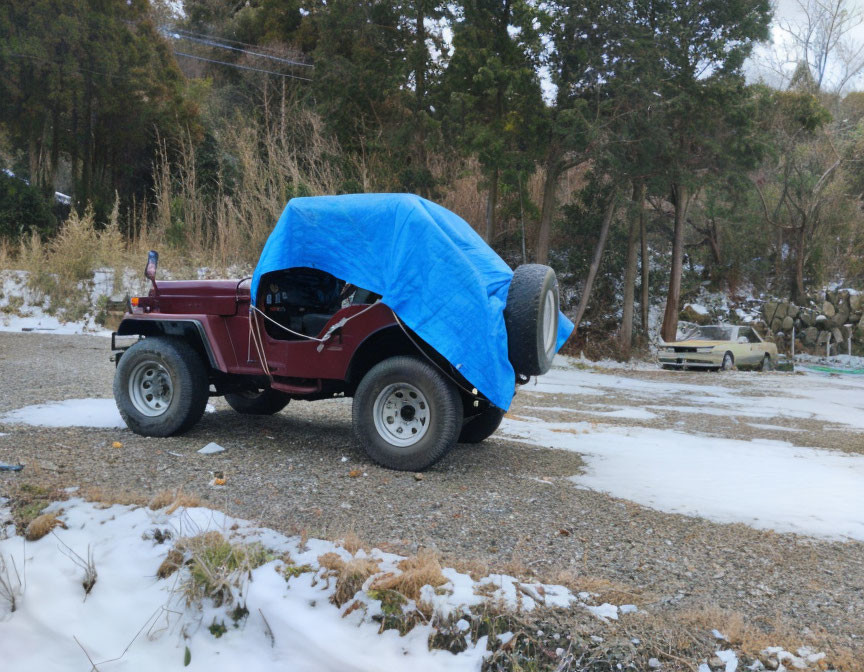 Blue Tarp Covered Off-Road Vehicle in Snowy Landscape