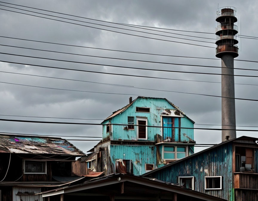 Weathered Blue Buildings and Industrial Chimney Against Cloudy Sky