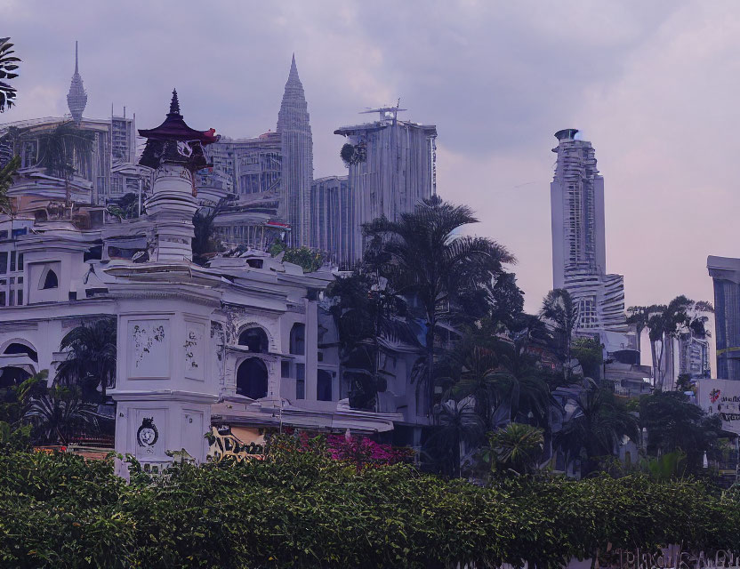 Modern skyscrapers and traditional architecture in cityscape at dusk.