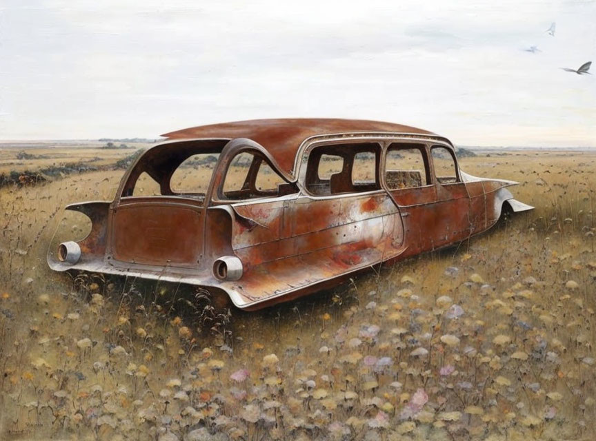 Abandoned rusty car in wildflower field under cloudy sky