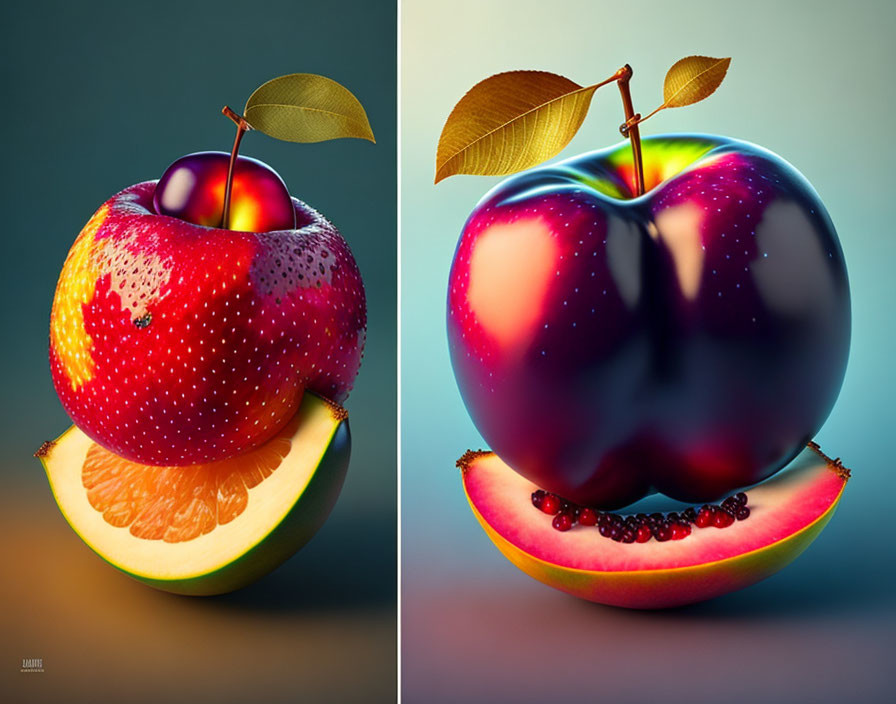 Artistic renderings of hybrid fruit combinations.