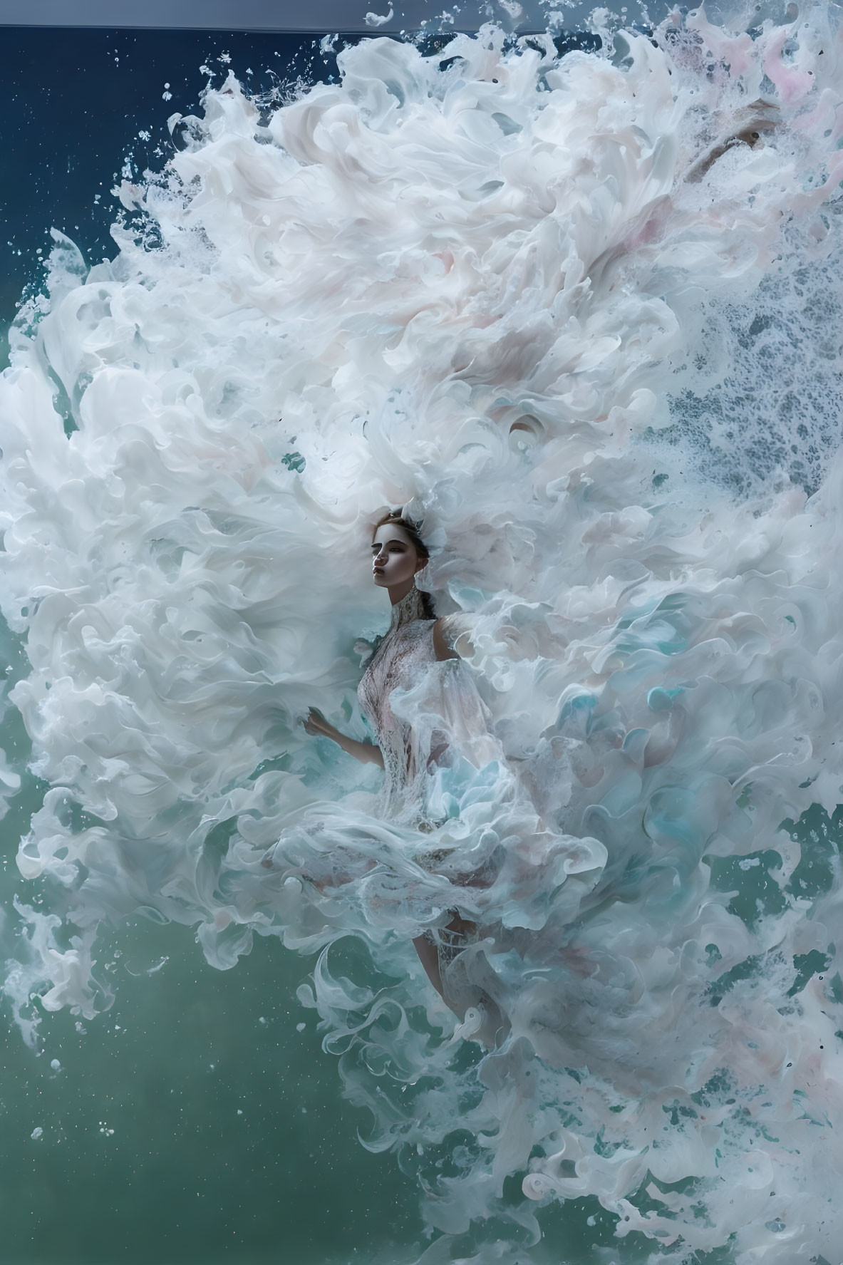 Woman in elegant dress submerged in swirling white textures in teal water