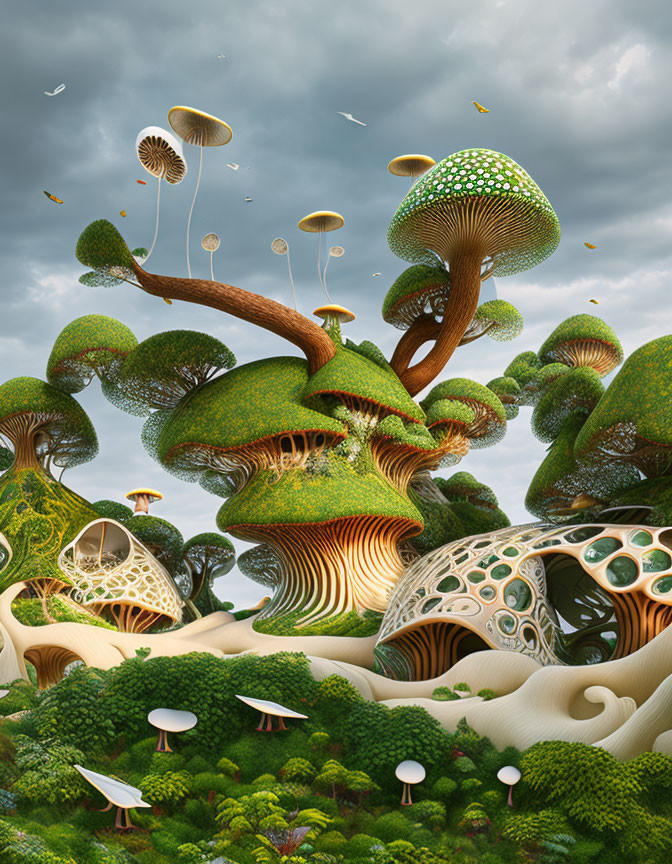 Whimsical landscape with oversized mushrooms and lush greenery