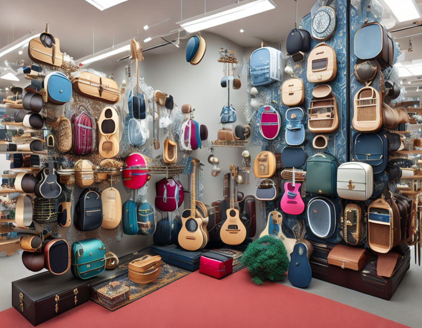 Assorted hanging guitars, suitcases, and instruments on red carpet against neutral wall