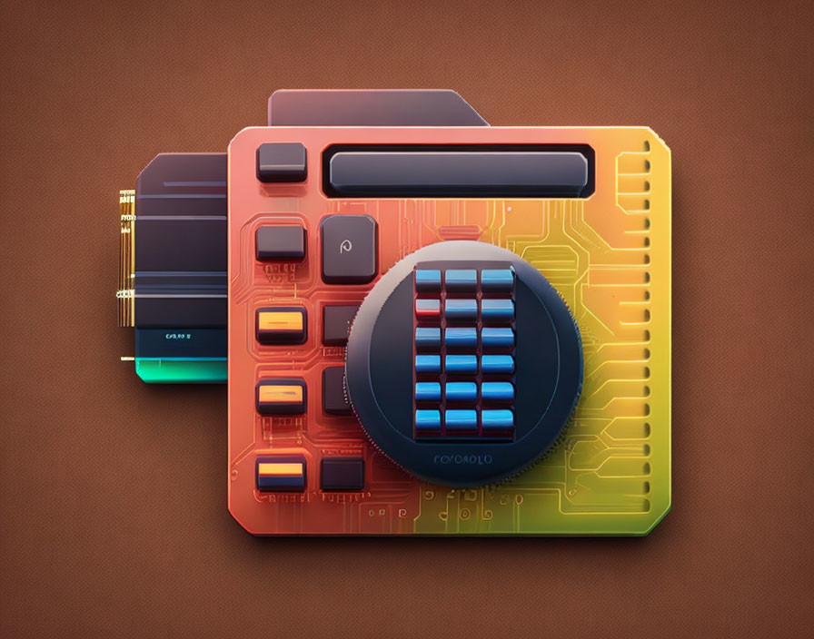 Colorful Digital Illustration of Electronic Device with Round Dial and Circuit Patterns