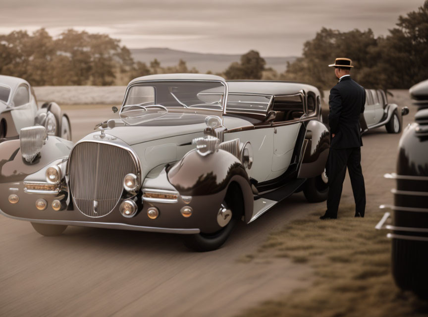 Chauffeur beside classic luxury car on elegant estate with vintage vehicles.