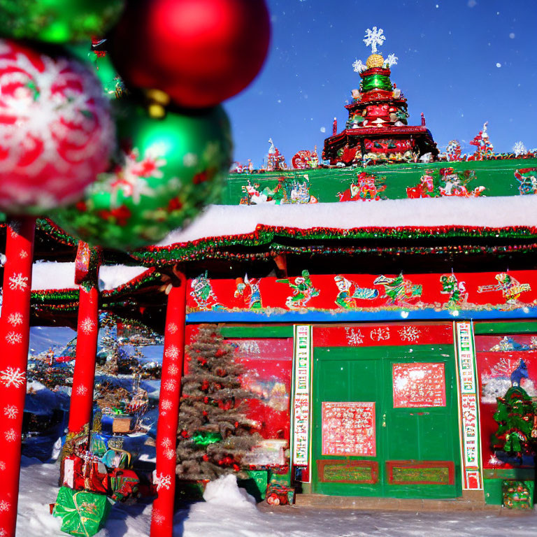 Festive Christmas decorations and gifts under snow-covered eaves of red and green building