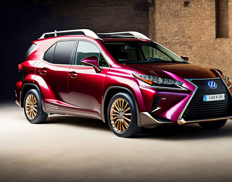 Red Lexus RX Luxury Crossover with Iconic Spindle Grille in Dimly Lit Studio