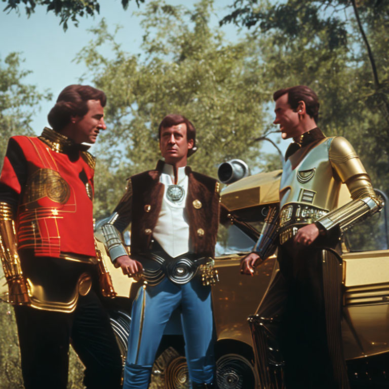 Three men in colorful futuristic uniforms with a golden car in nature.