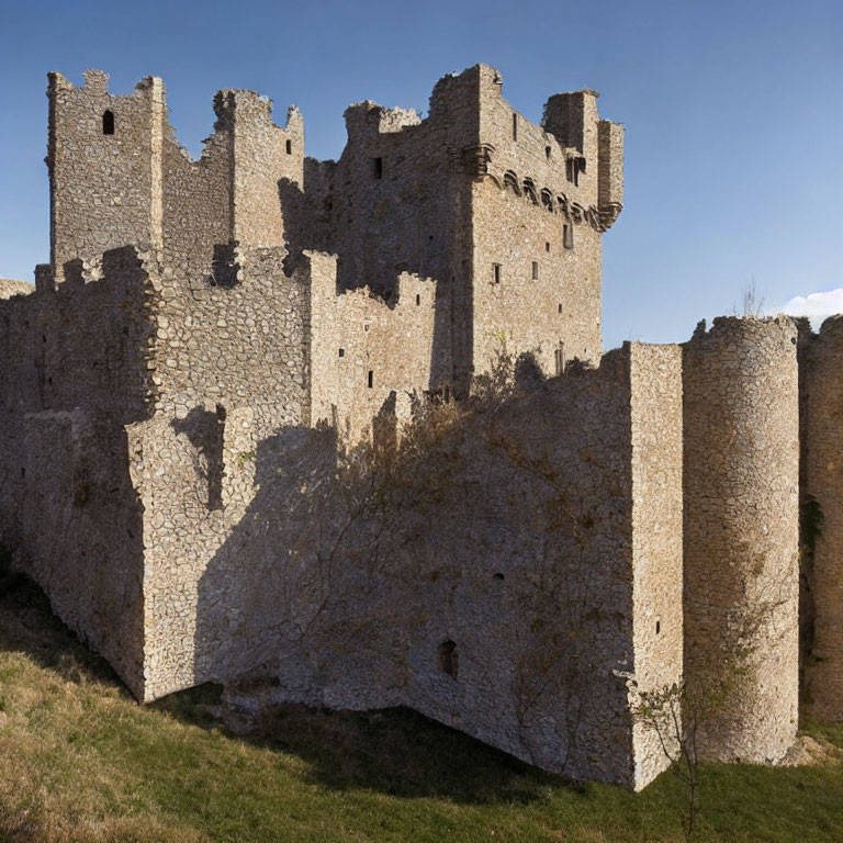 Ancient stone castle ruins with towering walls and fortifications against a clear blue sky