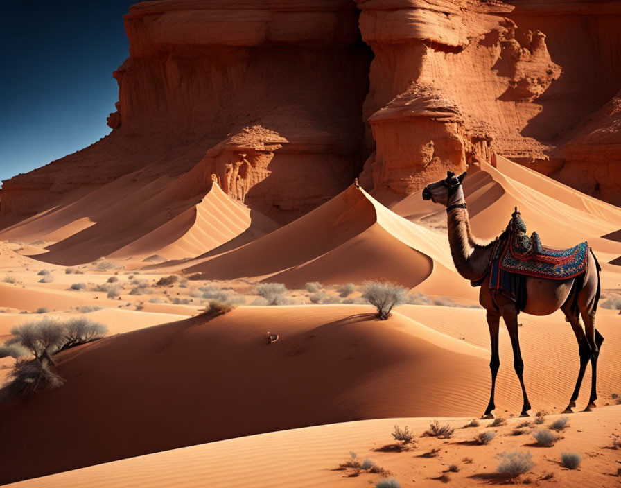 Camel with colorful saddle in desert near rock formation