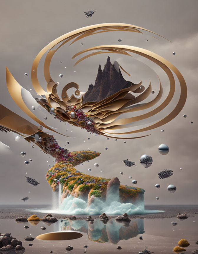 Surreal landscape with golden spiraling structures, mountain peak, floating islands, trees, reflective water