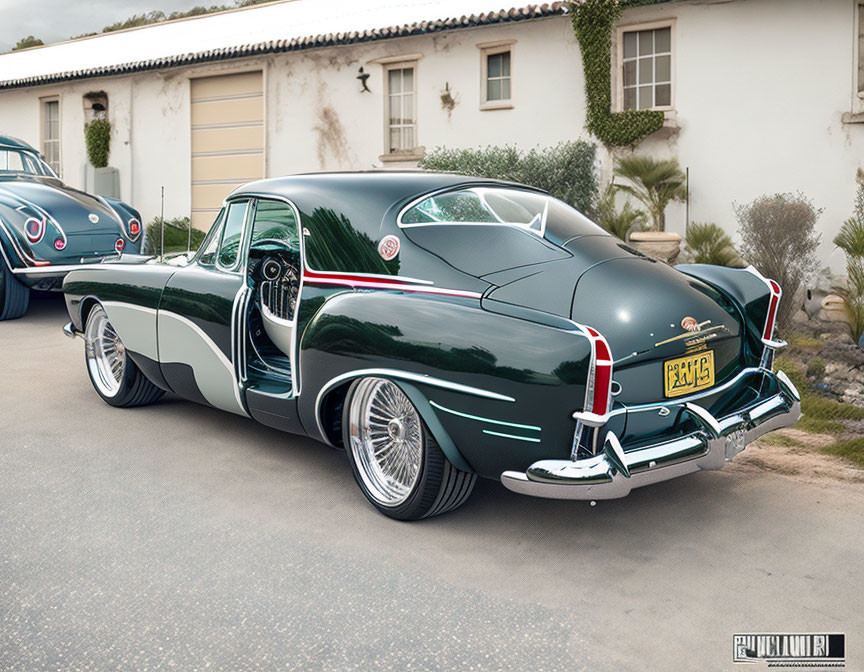 Vintage dark green car with white sidewall tires and chrome details parked in front of a garage with a