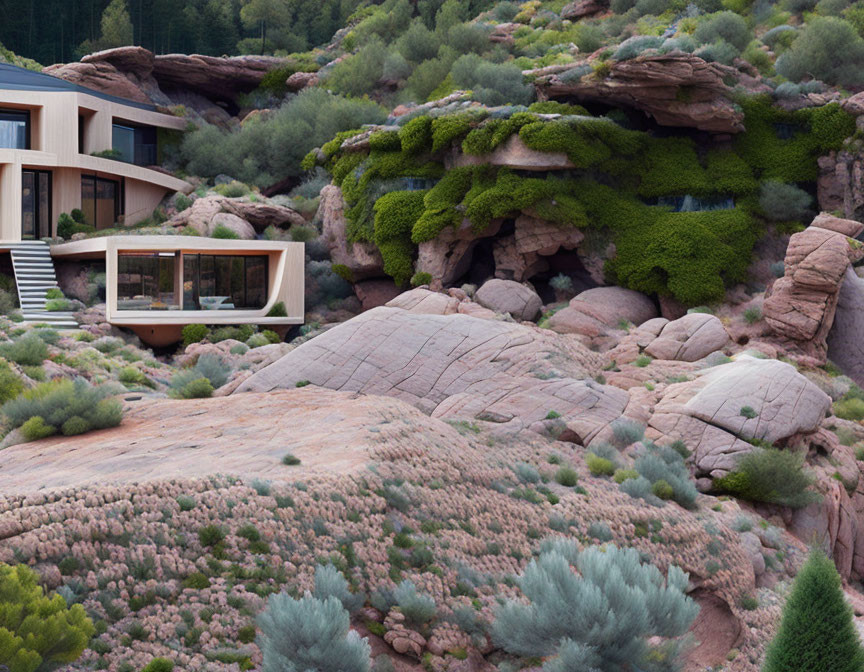 Modern House Integrated into Rocky Hillside with Large Glass Windows