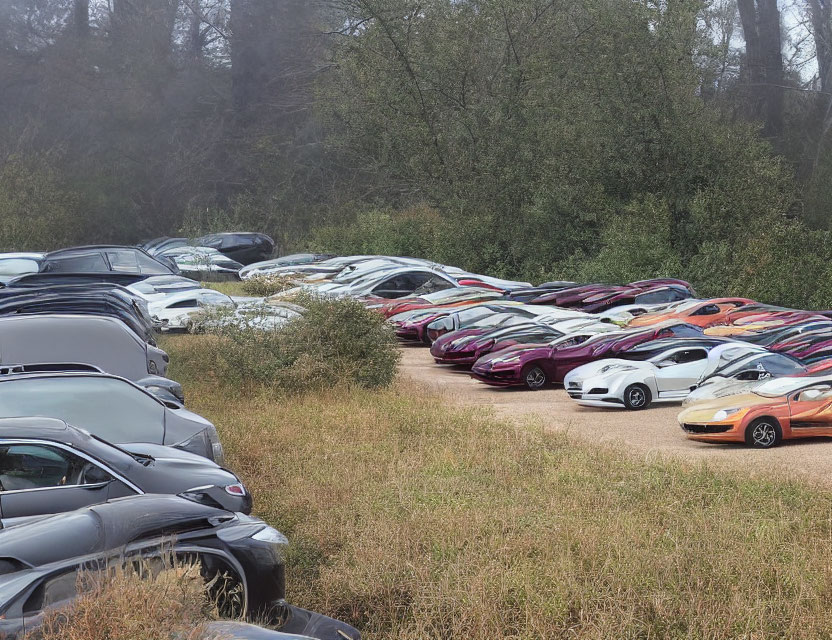 Busy Outdoor Car Parking Lot Surrounded by Trees and Grass