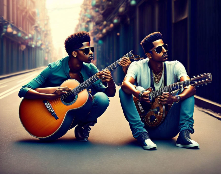 Stylish men with guitars in urban street scene