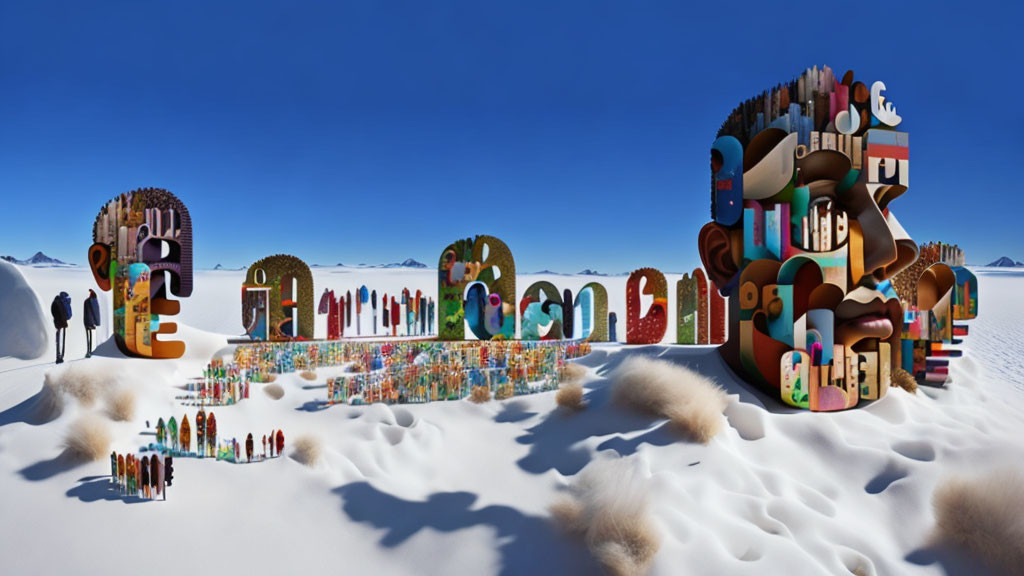 Colorful Stylized Sculptures in Snowy Landscape with Human Figures