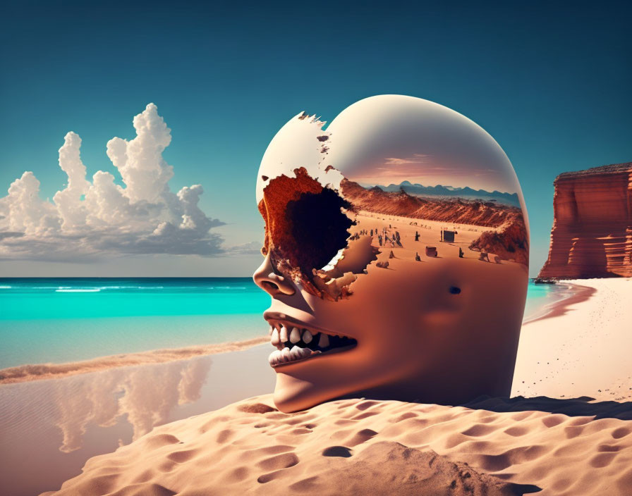 Human head profile merges with beach scene, face peeling to reveal surreal beach inside