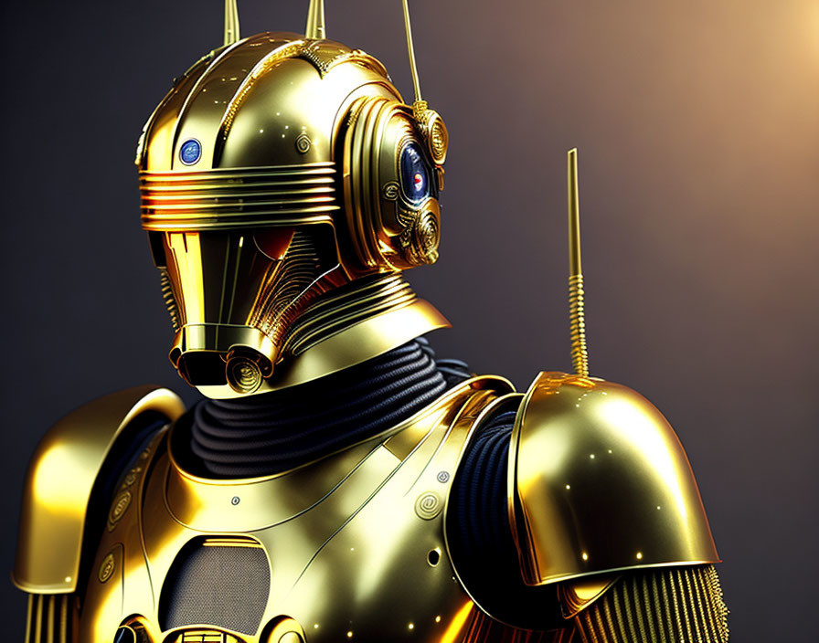 Golden humanoid robot with antennae against dark background