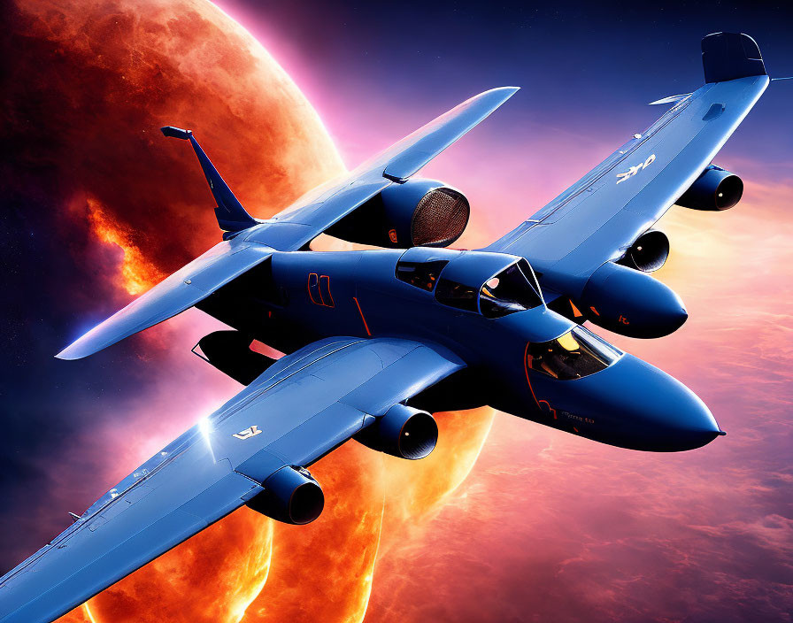 Blue military jet flying in space with red planet and stars