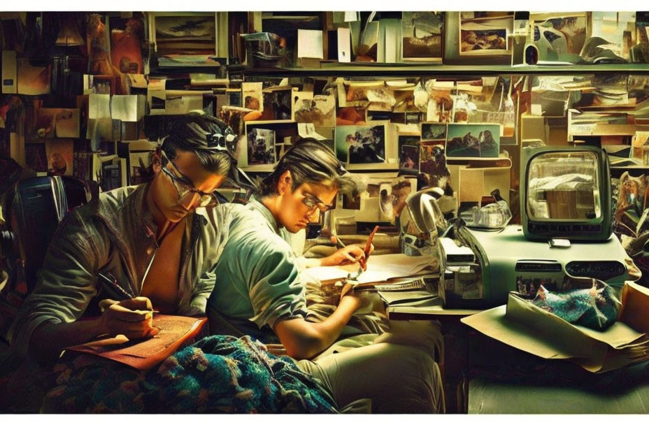 Two writers surrounded by photos, vintage TV, and papers in a cluttered room.