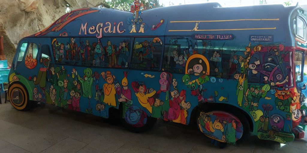 Colorful Cartoon-Style Artwork on Magic-Themed Bus