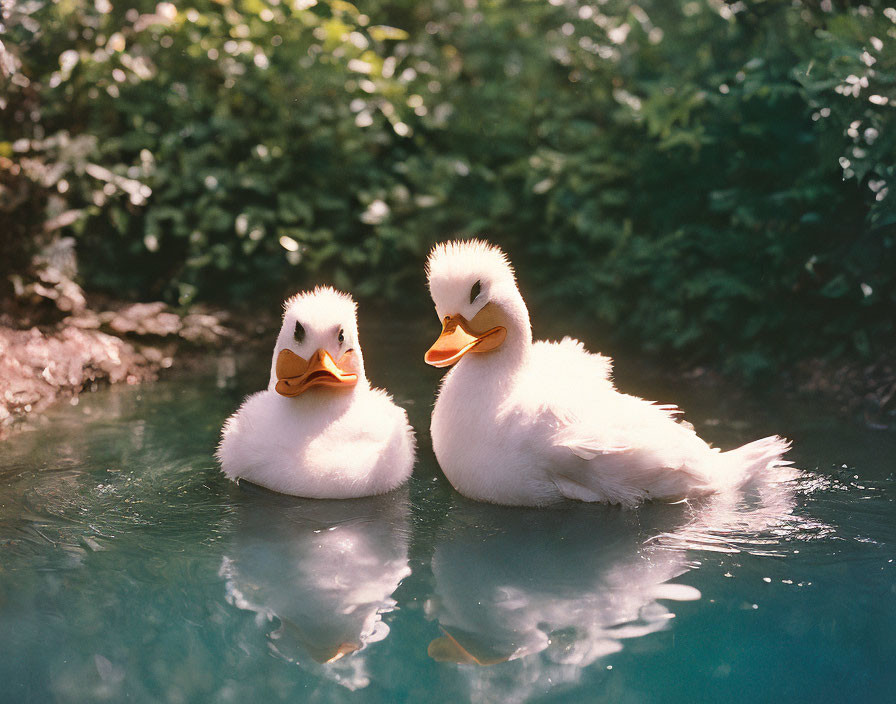 Fluffy White Ducks Floating on Clear Water with Green Foliage Background