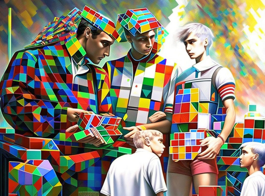 Colorful individuals in Rubik's cube-inspired fashion on vibrant background