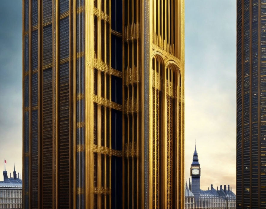 Golden Skyscrapers and Clock Tower in Futuristic Cityscape