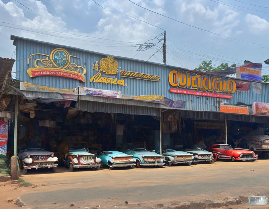 Classic cars parked by vibrant shop signs on street.