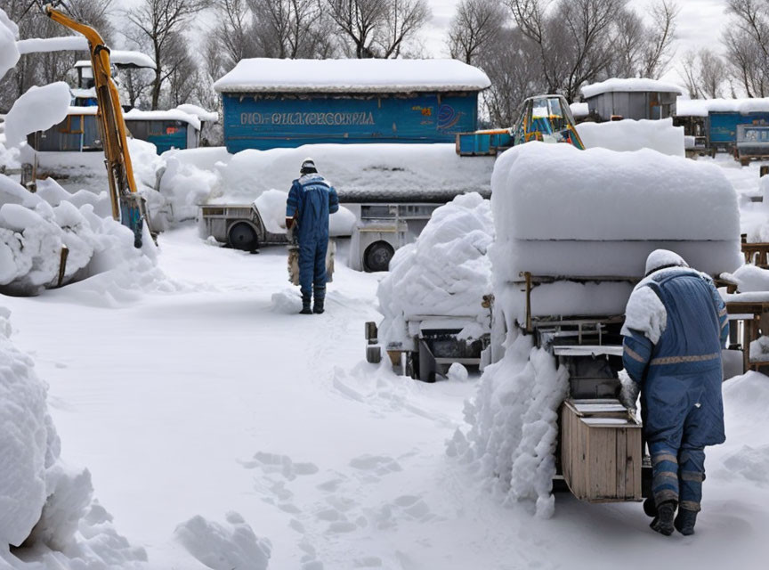 Snow-covered industrial area with workers and heavy machinery.