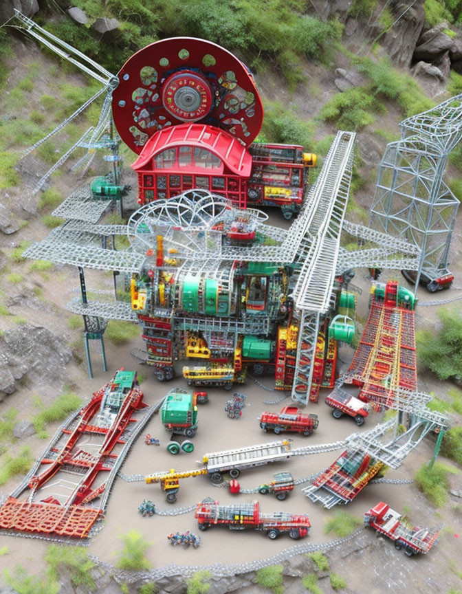 Detailed Toy Fire Station Setup with Vehicles and Equipment in Nature