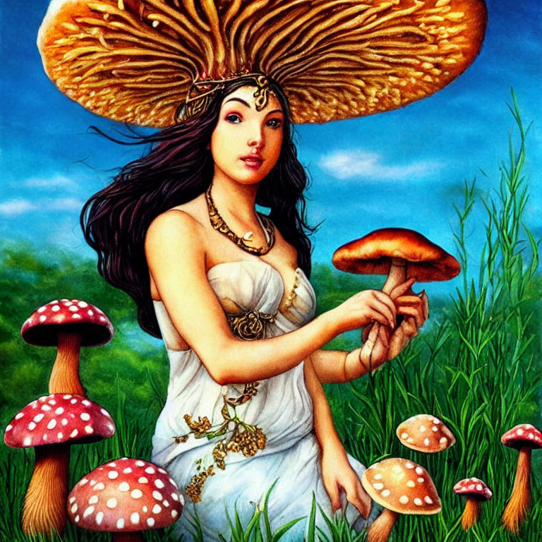 Fantastical artwork of woman with mushroom hat in mushroom-filled field