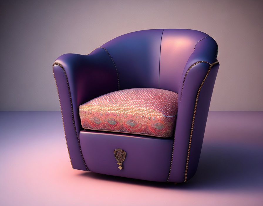 Purple Plush Armchair with Patterned Cushion and Ornamental Detailing