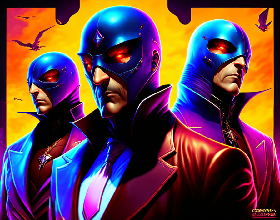 Three superheroes in blue and red costumes with capes on orange background.