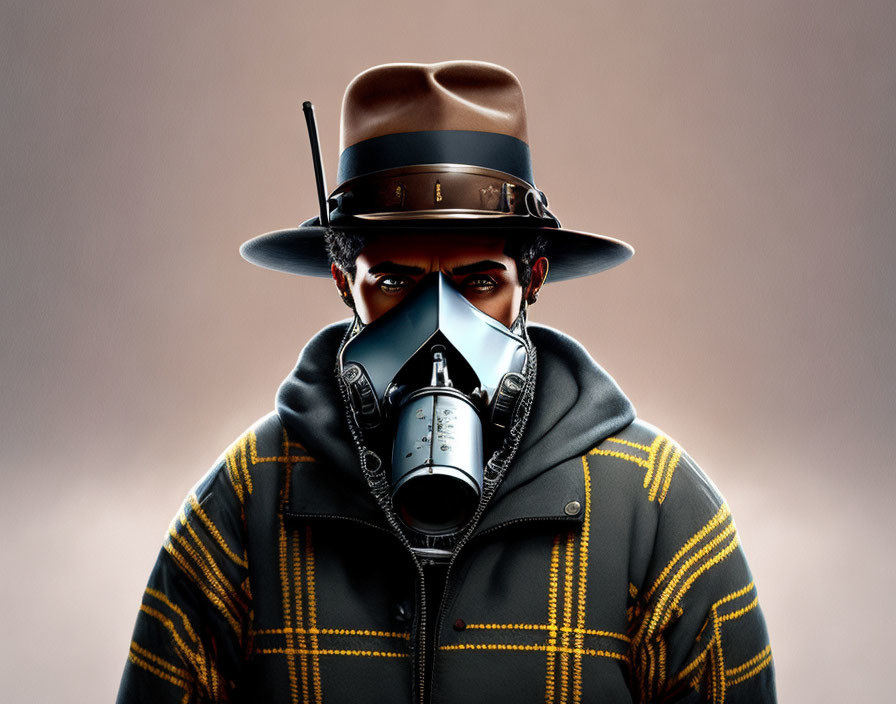 Person in fedora, gas mask, yellow-striped jacket on muted background